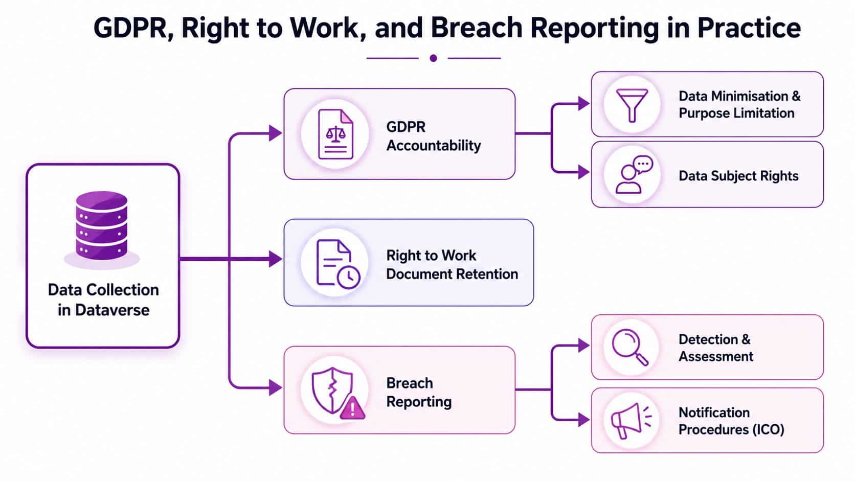 A diagram illustrating data privacy practices including GDPR accountability, right to work, and breach reporting workflows.