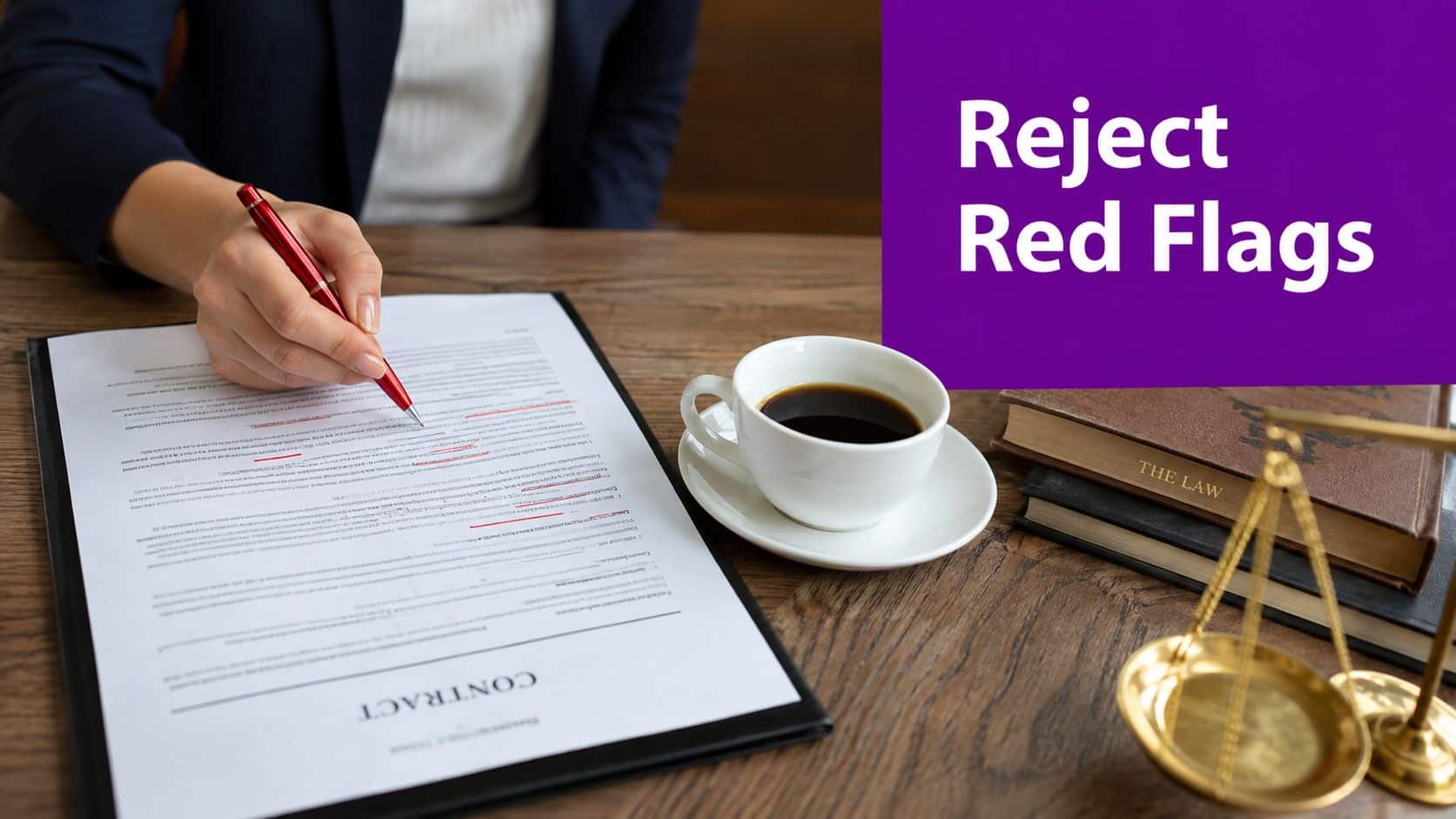 A professional reviewing a contract with red flags highlighted, sitting at a desk with law books and a scale.