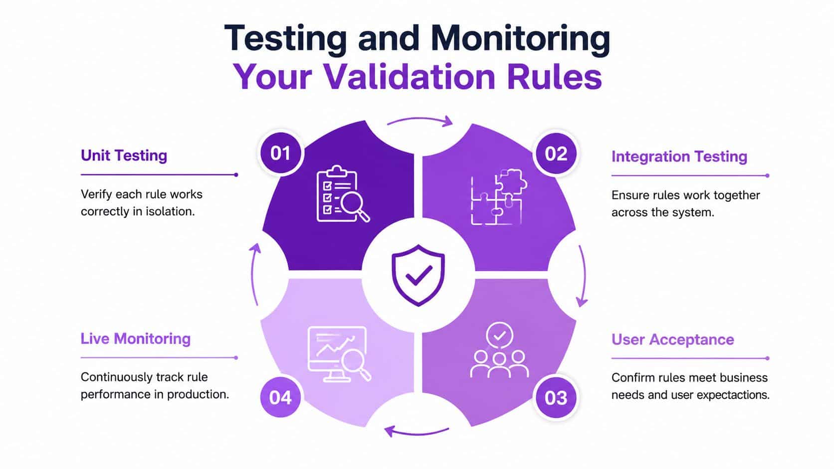 A circular diagram illustrating the four steps of testing and monitoring validation rules in a software system.