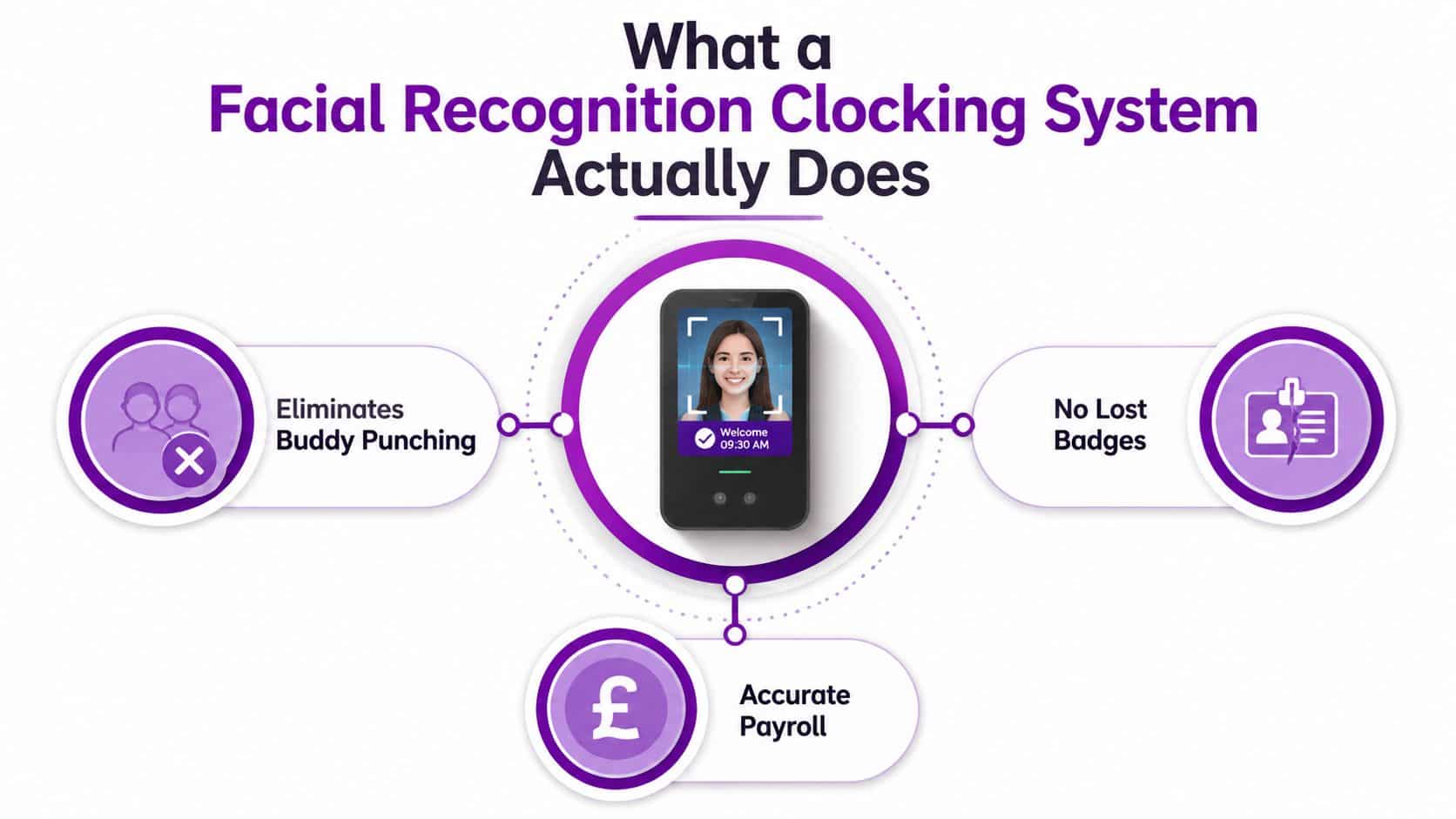 A graphic explaining the benefits of a facial recognition clocking system, including eliminating buddy punching and payroll.
