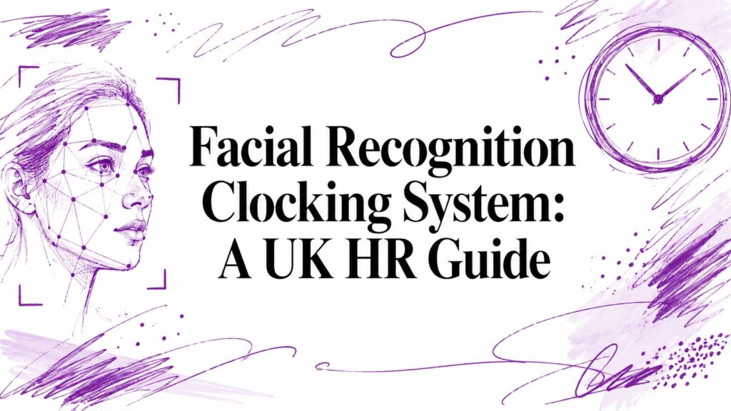 Purple sketch of a woman's head with facial-recognition dots, a clock, and the title 'Facial Recognition Clocking System: A UK HR Guide' for an informative banner.