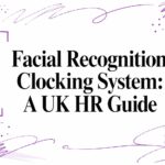 Purple sketch of a woman's head with facial-recognition dots, a clock, and the title 'Facial Recognition Clocking System: A UK HR Guide' for an informative banner.