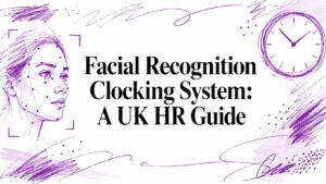 Purple sketch of a woman's head with facial-recognition dots, a clock, and the title 'Facial Recognition Clocking System: A UK HR Guide' for an informative banner.