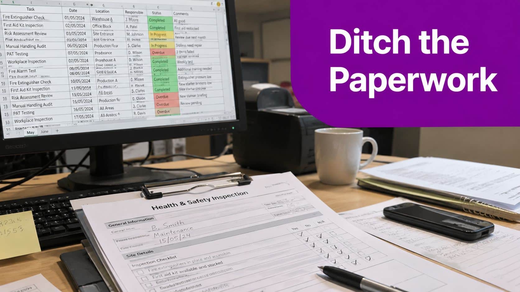 A computer screen showing a digital health and safety spreadsheet next to physical paper inspection forms.