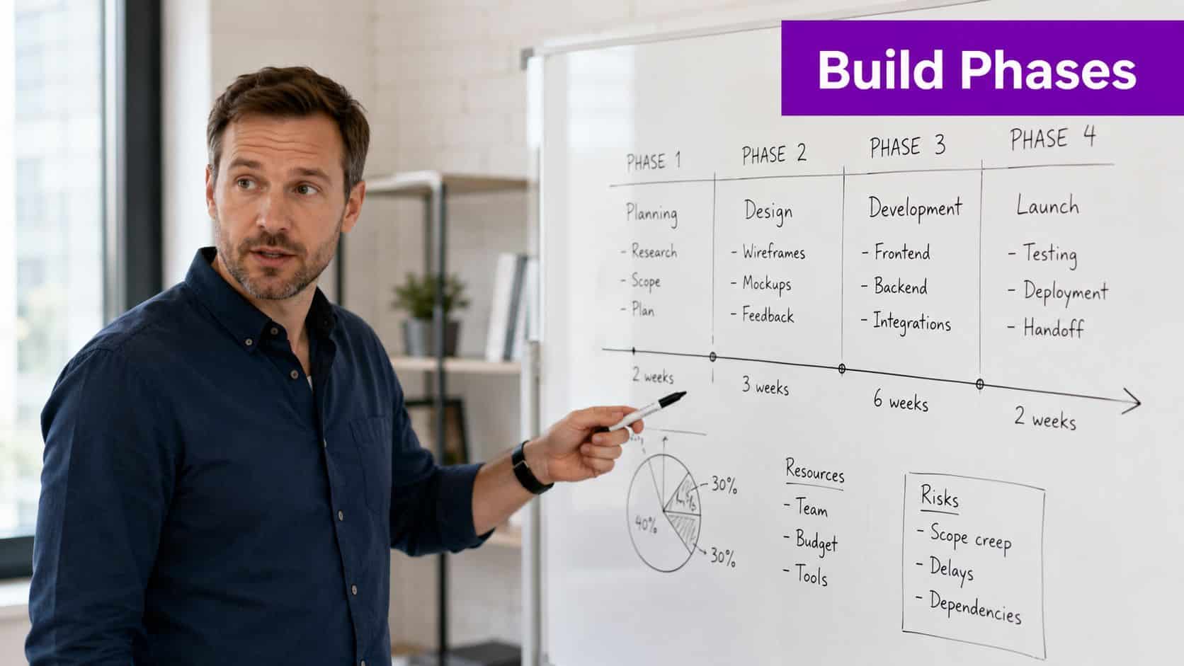 A professional man explaining a whiteboard diagram detailing a four-phase project implementation timeline in an office setting.