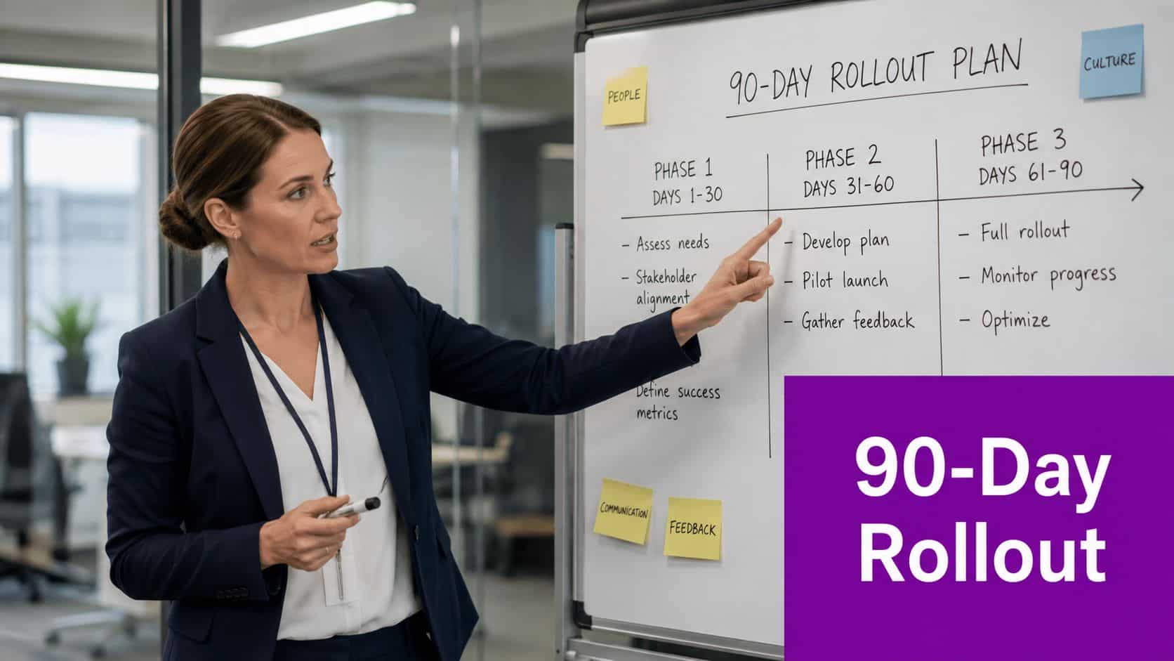 A professional woman in a business suit points to a 90-day rollout plan on a whiteboard.